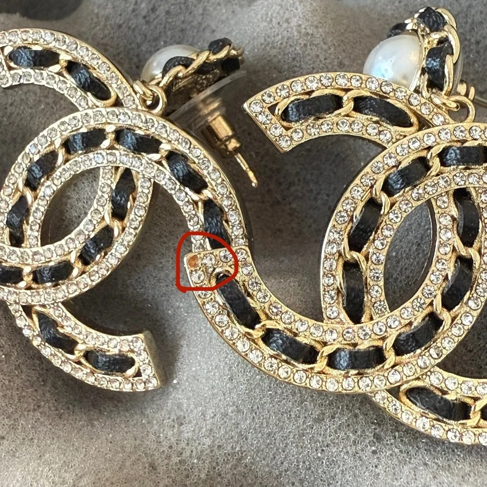 Chanel CC Logos Round Leather Dangle Pearl Earrings Gold Tone Authentic with Box